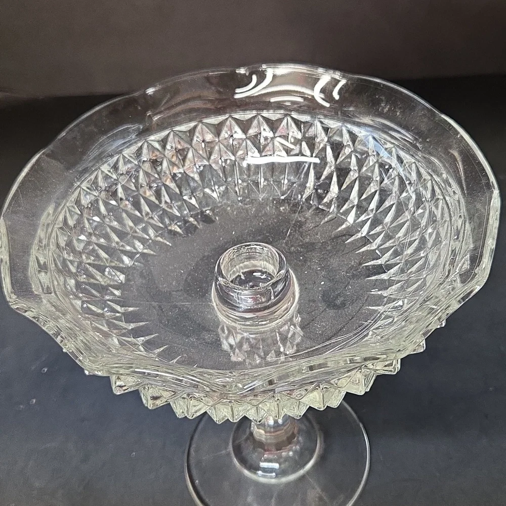 Vintage Indiana Diamond Point Pedestal Compote Dish Pegged Votive Holder scallop